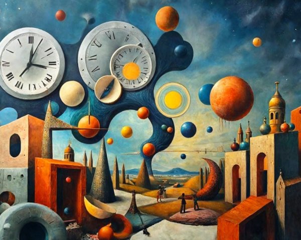 Surreal Landscape with Floating Clocks and Planets