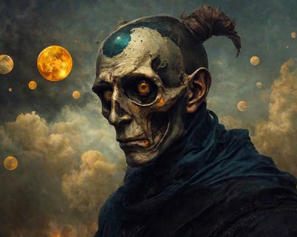 Haunting Figure with Skull Face in Cosmic Scene