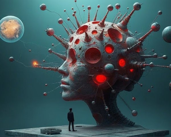 Surreal Giant Head with Spheres and Spikes in Darkness