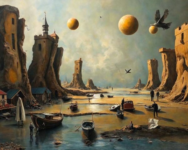Surreal Landscape with Rocky Towers and Calm Water