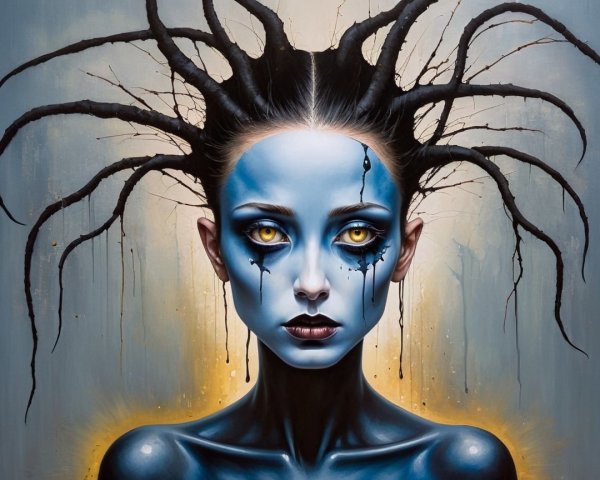 Surreal figure with blue skin and spiky hair features