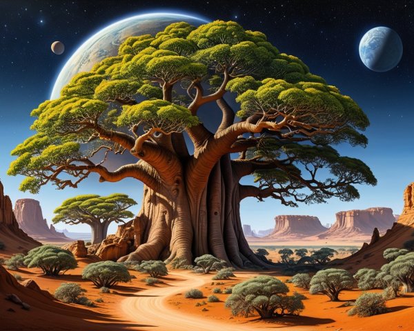 Majestic Tree in Vibrant Desert Landscape with Planets