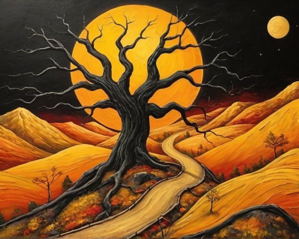 Dramatic Landscape with Silhouetted Tree and Sunset