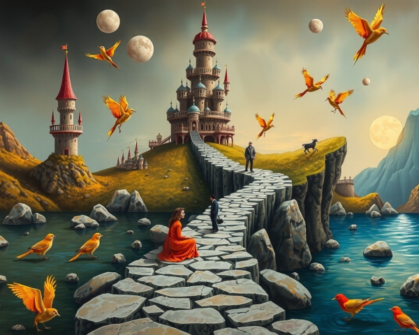 Majestic Castle in a Fantastical Landscape with Figures