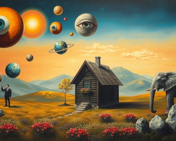 Whimsical Landscape with House and Celestial Elements