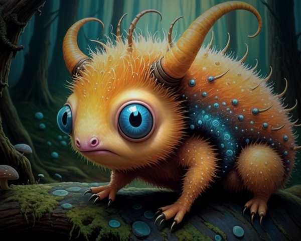 Whimsical Creature on Mossy Log in Mystical Forest