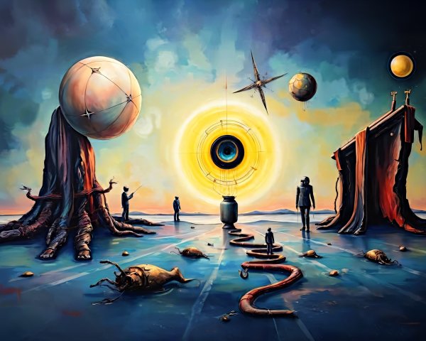 Surreal Landscape with Towering Trees and Floating Spheres