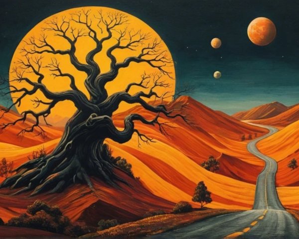 Gnarled Tree and Cosmic Landscape Under Full Moon
