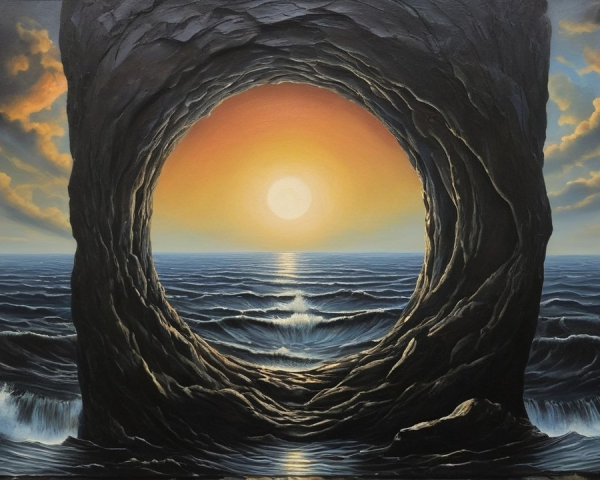 Dramatic Seascape with Circular Stone Arch and Sunset