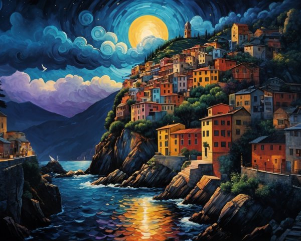 Vibrant Coastal Village Under Moonlit Sky