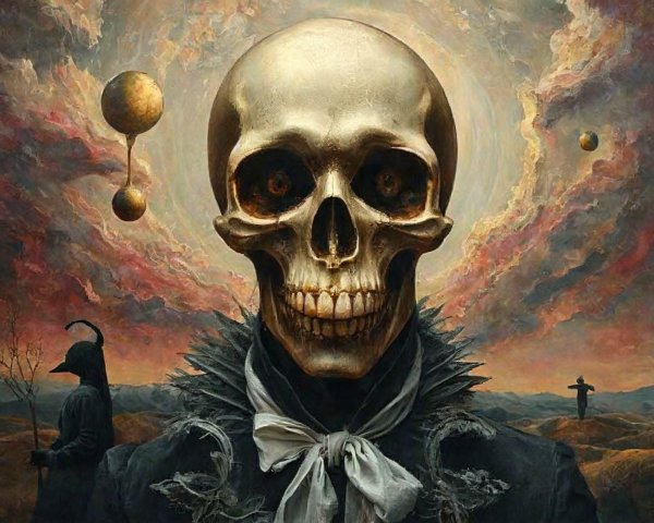 Golden Skull Surrounded by Orange and Gray Clouds