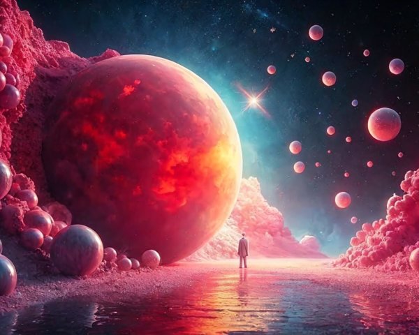 Surreal Cosmic Landscape with Glowing Planet and Orbs