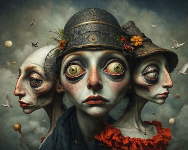 Surreal Figures with Oversized Eyes and Vintage Hats