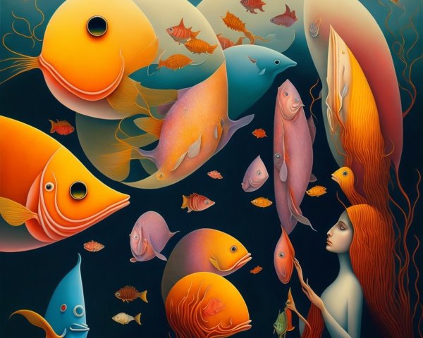 Mystical Underwater Scene with Vibrant Fish and Mermaid