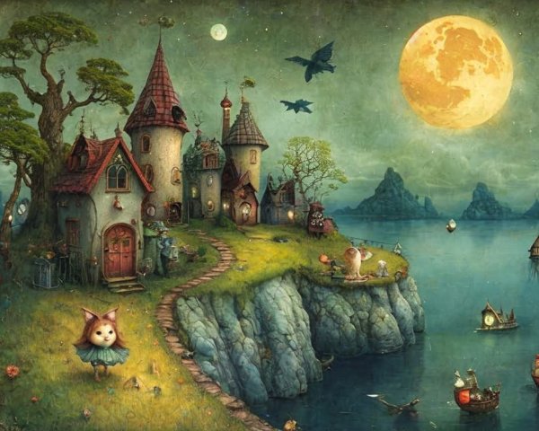 Whimsical Landscape with Cottages and Mythical Creatures