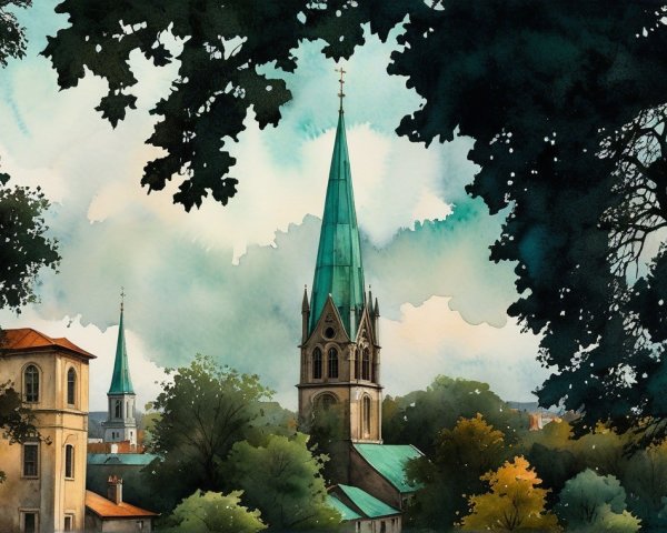 Charming Town with Church Towers Amid Autumn Foliage