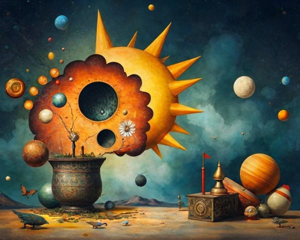 Surreal Landscape with Celestial Bodies and Whimsical Elements