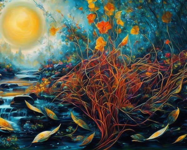 Surreal Autumn Landscape with Shimmering Stream