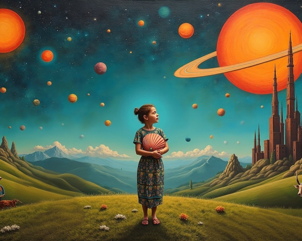 Young girl in vibrant landscape with cosmic scene