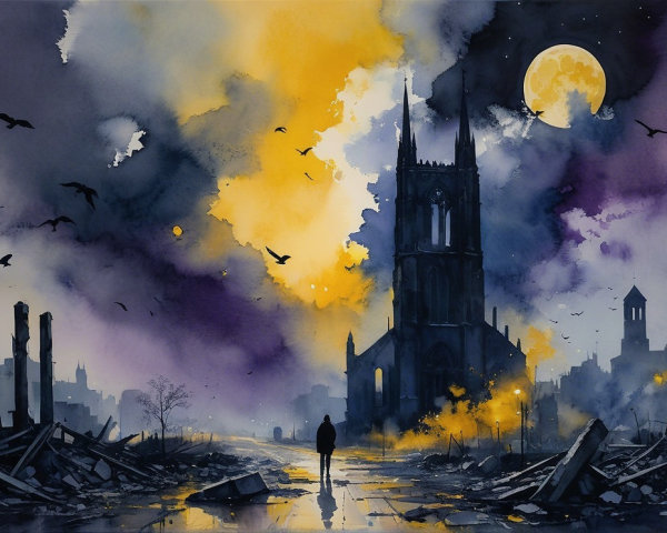 Lone Figure in a Haunting Watercolor Landscape