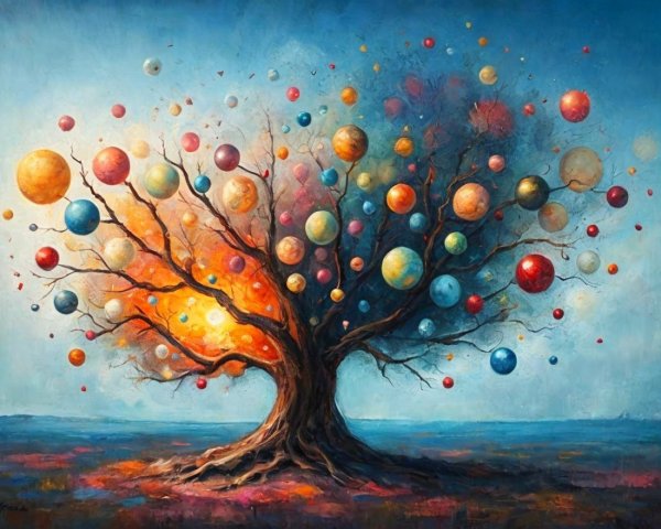 Vibrant tree with colorful orbs against dreamy sky
