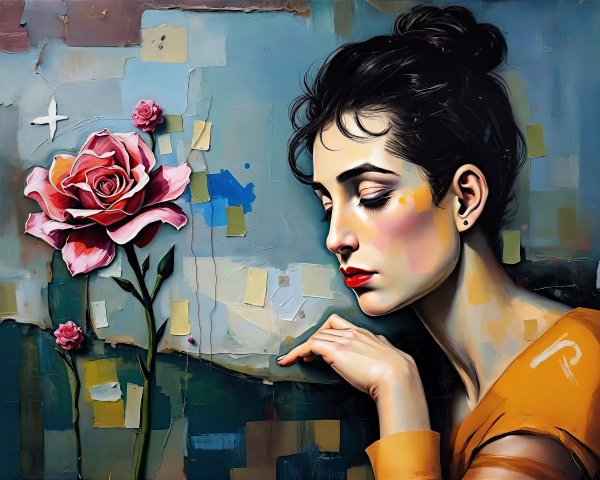 Colorful Impressionist Portrait of a Woman with Roses