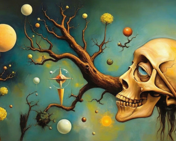 Surreal Artwork of Golden Skull and Celestial Scene