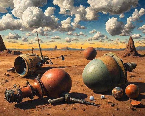 Surreal Landscape with Colorful Spheres and Rock Formations