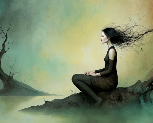 Solitary Woman by Tranquil Water in Dreamlike Landscape