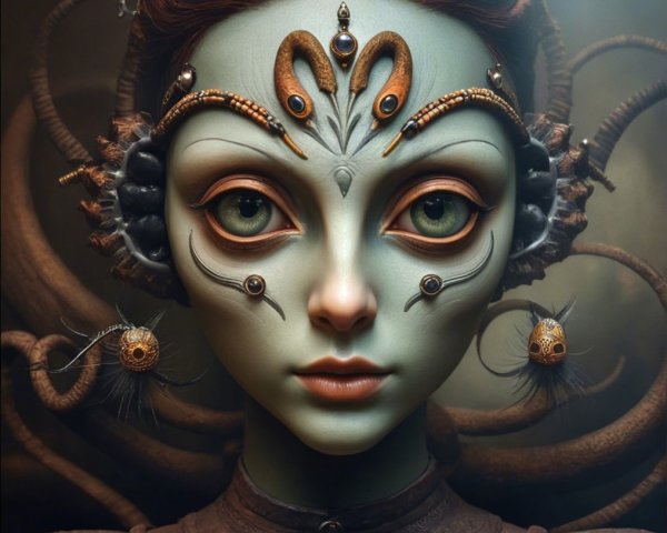 Surreal Alien Figure with Ornate Features and Tendrils