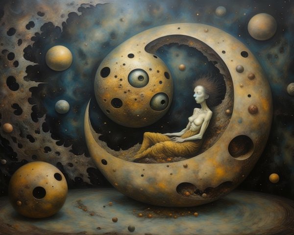 Surreal Cosmic Scene with Figure in Crescent Moon