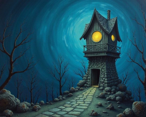 Whimsical Tower Under Night Sky with Glowing Window