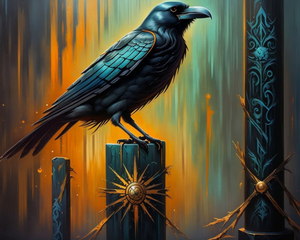 Raven on Weathered Post with Ethereal Background