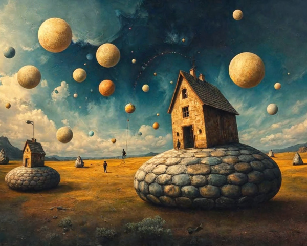 Surreal Landscape with Whimsical Stone House and Planets
