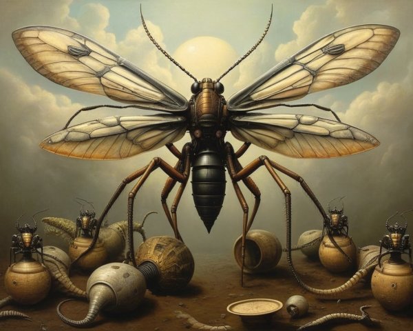 Surreal Oversized Insect with Intricate Wings and Sun
