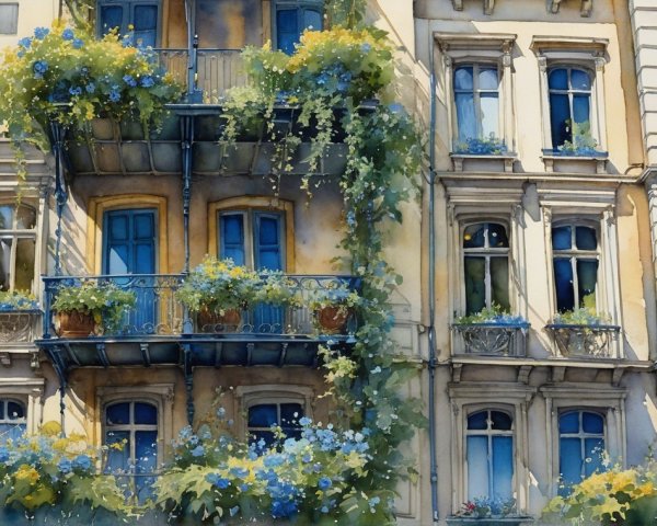 Charming Apartment Facade with Vibrant Blue Flowers