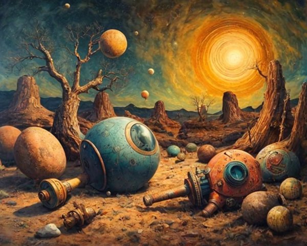 Surreal Landscape with Oversized Spheres and Sunlight