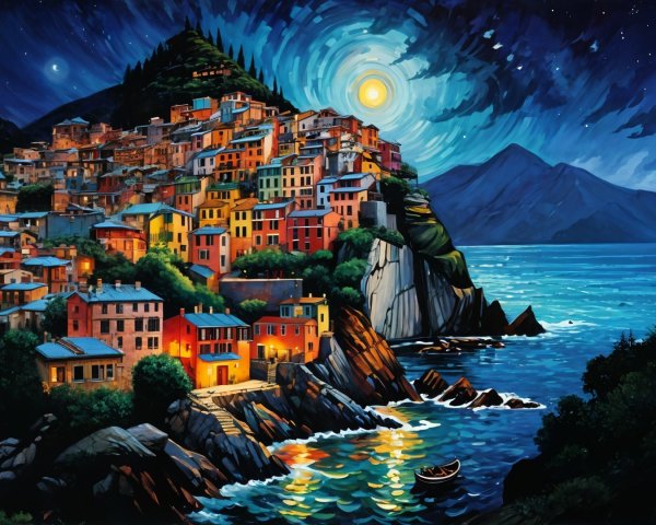 Coastal Village at Night with Colorful Buildings and Moon