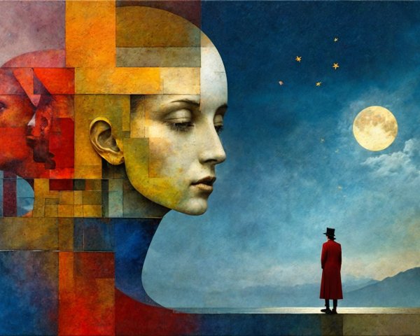 Surreal Artwork with Stylized Faces and Geometric Shapes