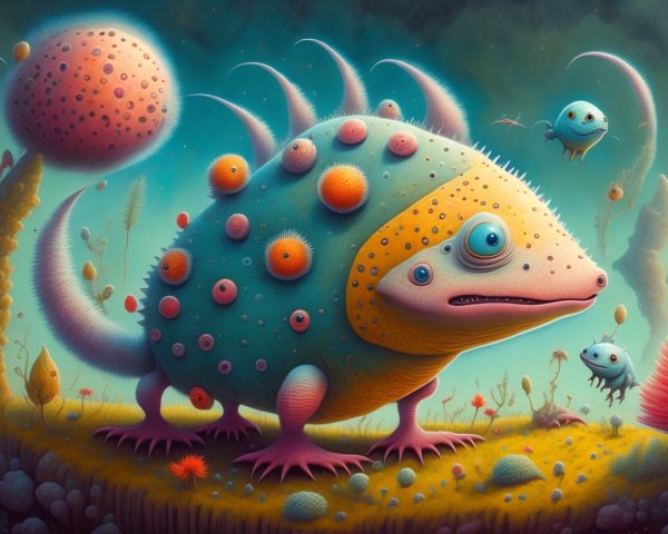 Colorful Whimsical Creature in Surreal Landscape