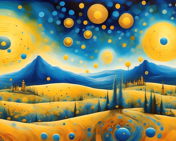 Surreal Landscape with Golden Hills and Swirling Sky