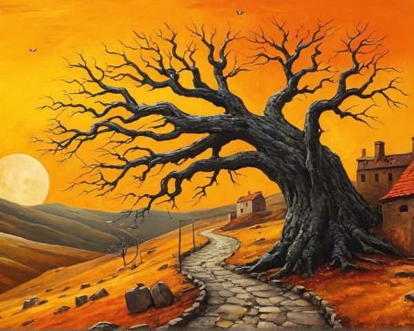 Surreal Landscape with Sunset and Two Moons