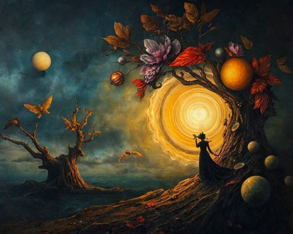 Surreal Landscape with Figure, Sun, and Enchanted Tree