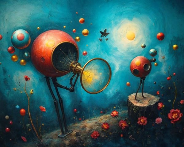 Surreal Landscape with Whimsical Figures and Orbs