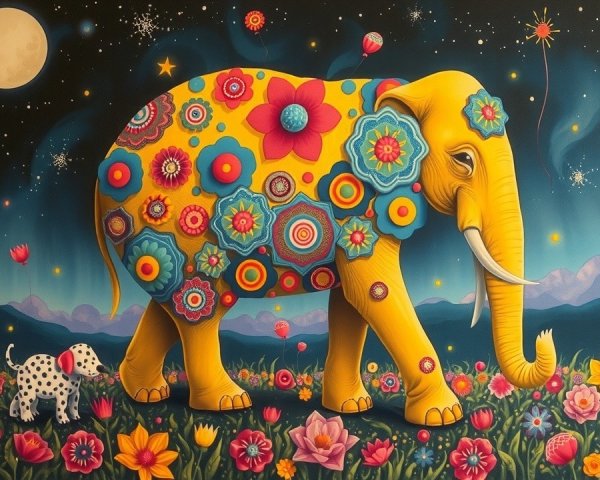 Colorful Elephant and Puppy in a Flower Field Illustration