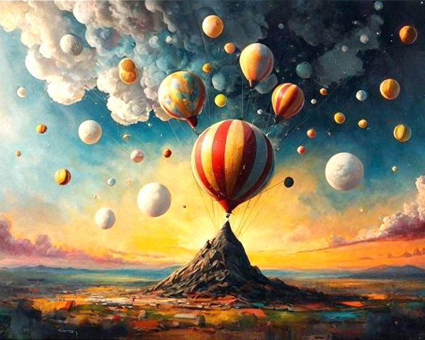 Vibrant Landscape with Sunset and Hot Air Balloons