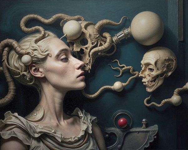 Serene Figure with Surreal Skulls and Tentacle Forms