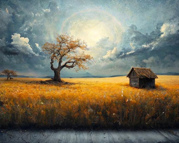 Weathered Wooden House in Golden Field Landscape