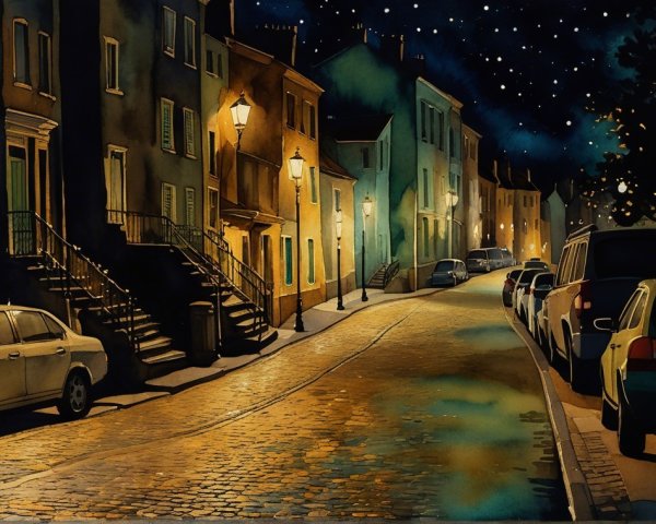 Moonlit Street with Quaint Houses and Vintage Lamps