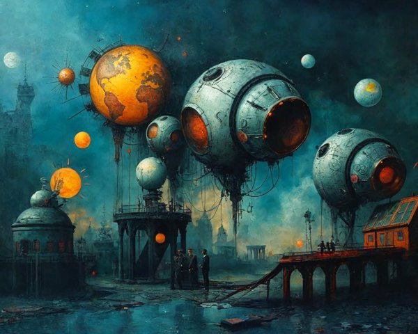 Surreal Landscape with Floating Spheres and Dark Atmosphere